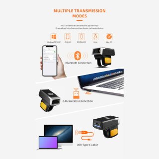H-500, 1D/2D Ringscanner, 4 &Uuml;bertragungsmodi: 2.4G USB Dongle, Bluetooth, NFC, USB-Type C, starker Akku f&uuml;r langzeit Einsatz